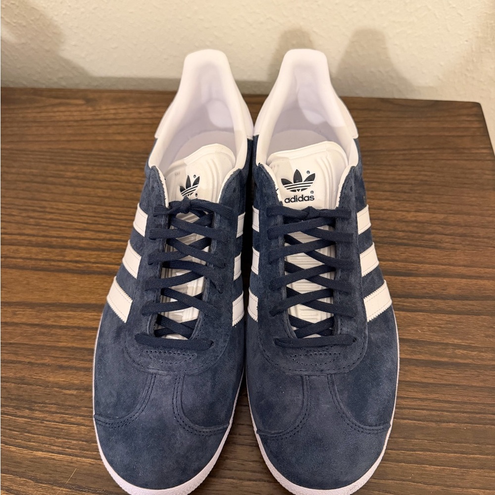 Adidas Dark Blue Suede Shoes with White Stripes